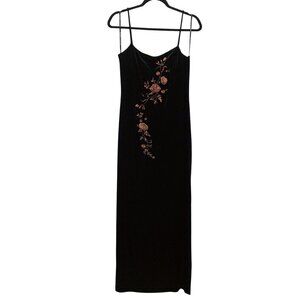 Arianna Black Velvet Copper Rose Embroidery Sleeveless Maxi Dress 14